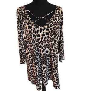 Lovely J Womens Leopard Print Criss-Cross Tunic Blouse Black Brown Plus Size 1X